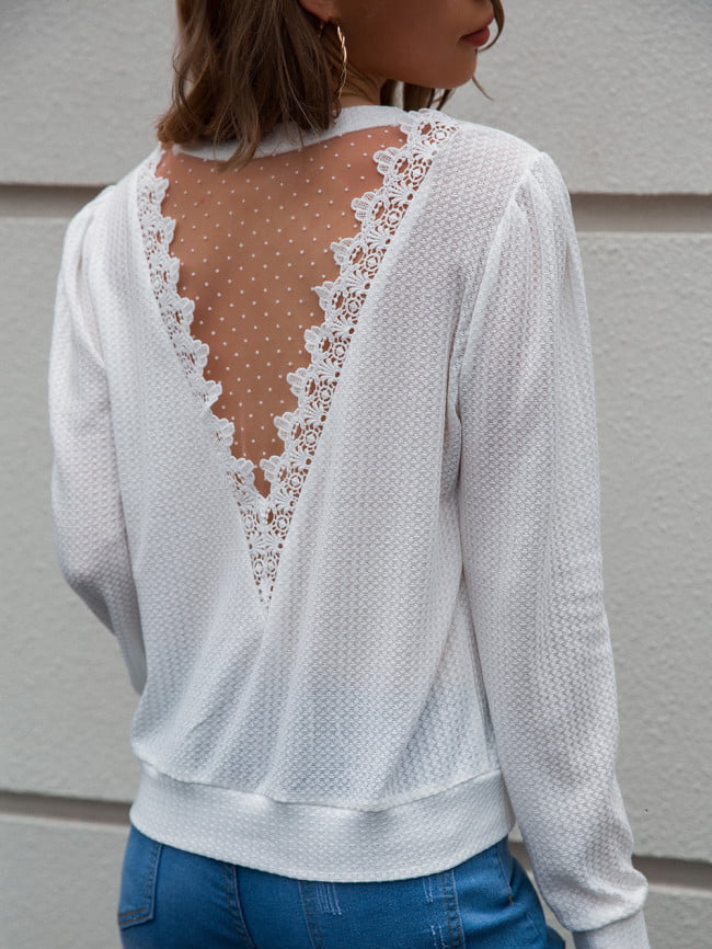 Wholesale Lace And Mesh Paneled Long Sleeved Top