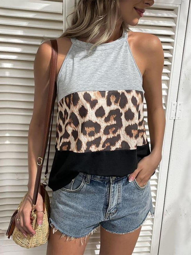 Wholesale Leopard Print Color-Block Halterneck Vest
