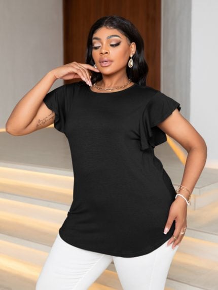 Wholesale Plus Solid Color Ruffle Sleeve T-Shirt