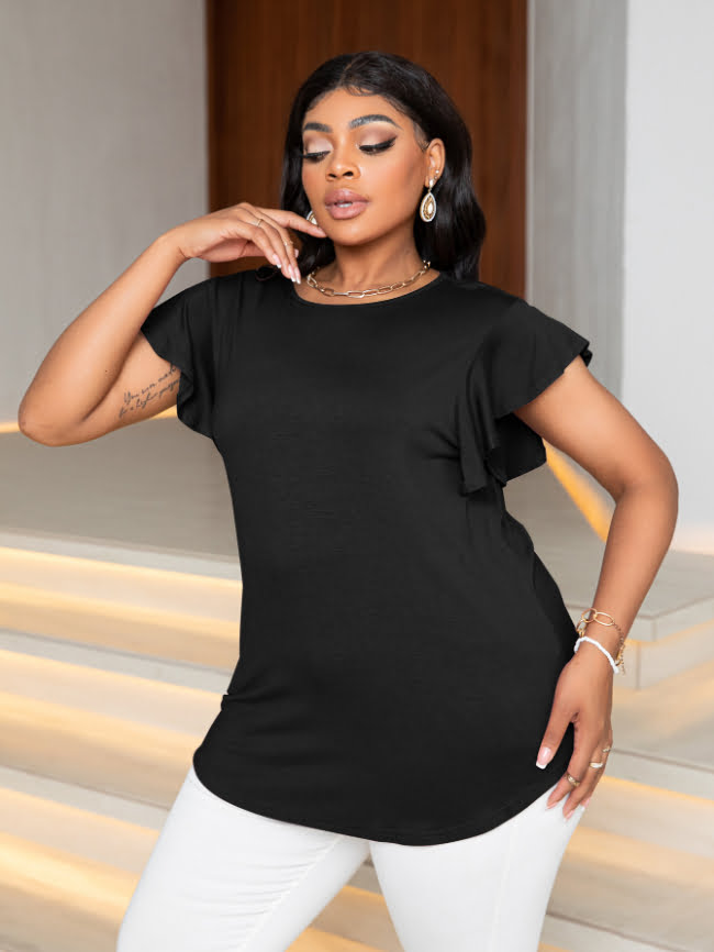 Wholesale Plus Solid Color Ruffle Sleeve T-Shirt