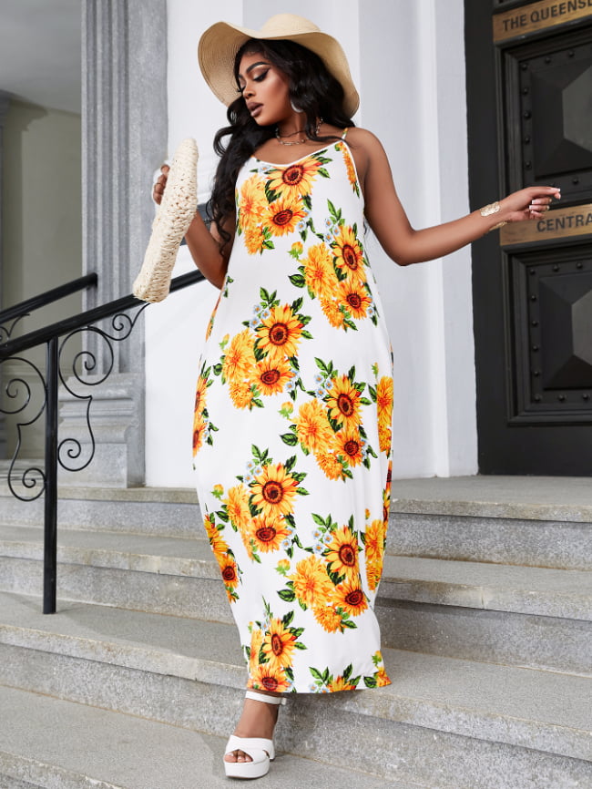 Wholesale Plus Sunflower Print Slip Dress