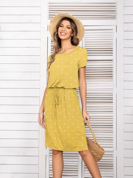 Wholesale Polka Dots Drawstring Casual Dress