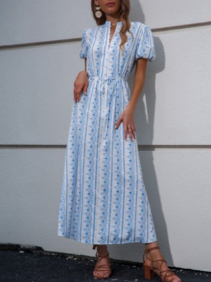 Wholesale Printed Puff Sleeve Maxi Dress