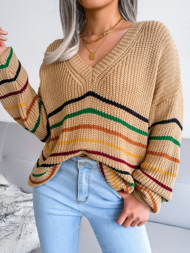 Wholesale Rainbow Stripe Casual Loose Sweater
