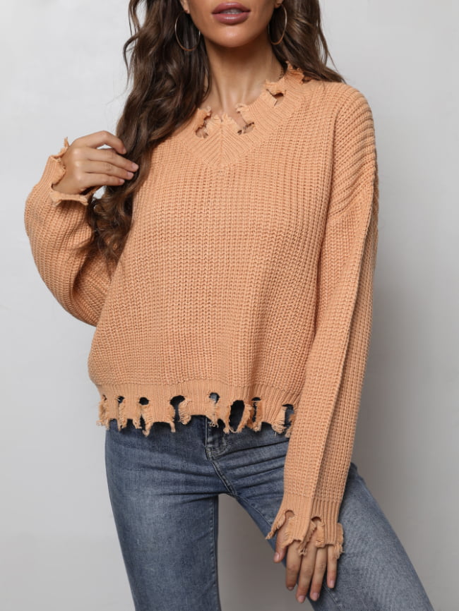 Wholesale Ripped Edge Solid Color Chic Sweater