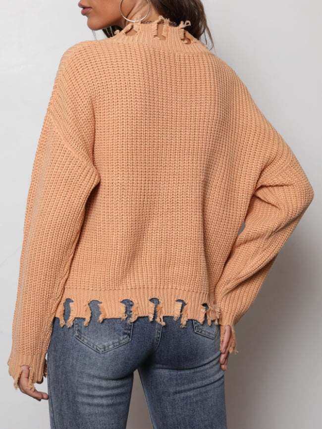 Wholesale Ripped Edge Solid Color Chic Sweater