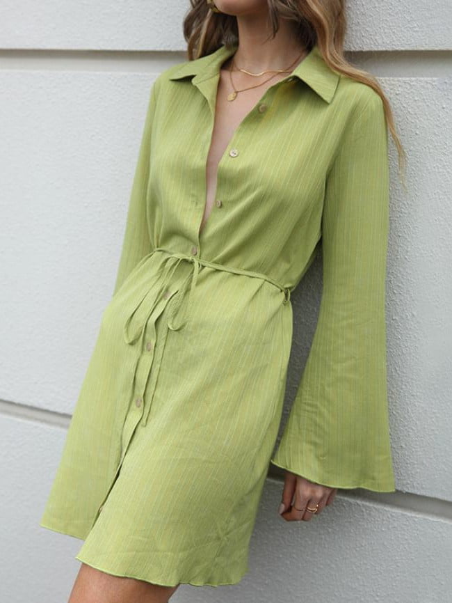 Wholesale Solid Color Lapel Tie Bell Sleeve Dress