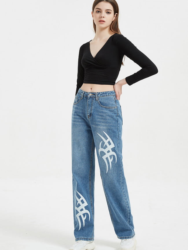 Wholesale Trendy Print Loose Jeans