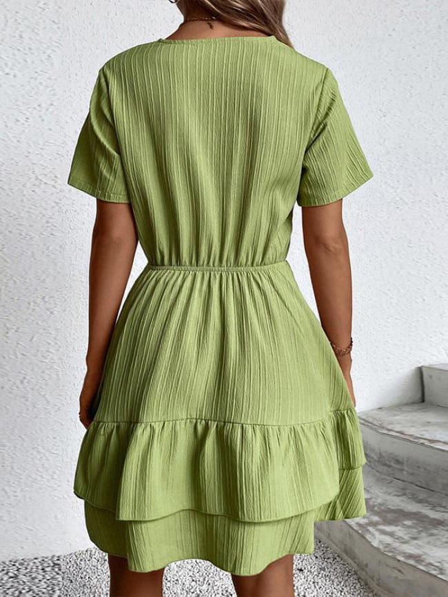 Wholesale V Neck Button Short Sleeve Ruffle Dress