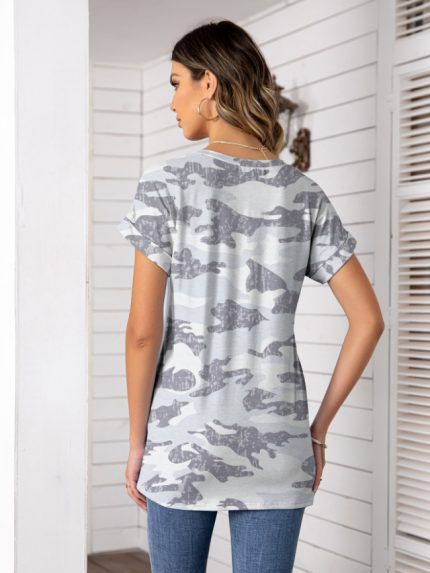 Wholesale V-neck Camouflage Roll-sleeve T-shirt