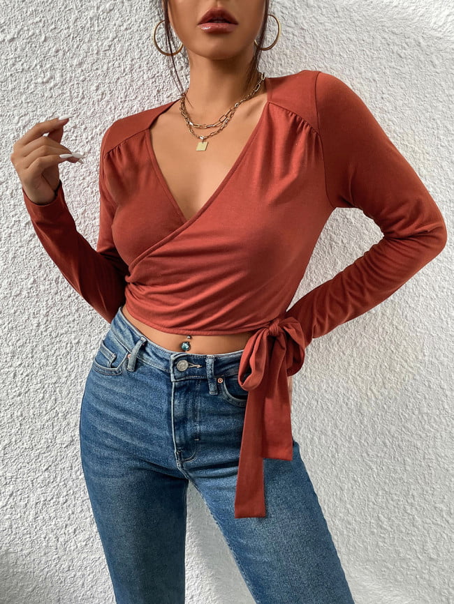 Wholesale V-neck Tie Cropped Long Sleeved Top