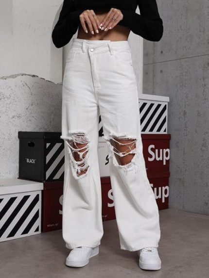 Wholesale White Ripped Loose Jeans