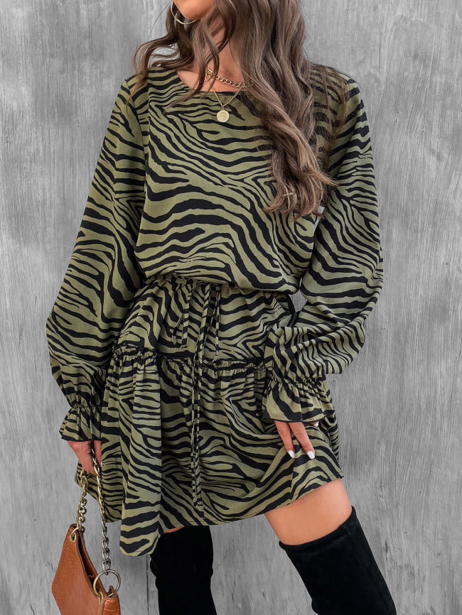 Wholesale Zebra Print Lace Up Long Sleeve Dress