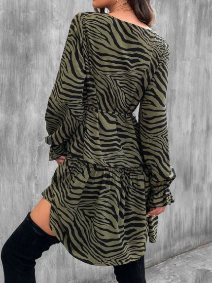 Wholesale Zebra Print Lace Up Long Sleeve Dress