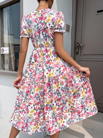 Wholesale Bohemian Puff Sleeve Floral Dress