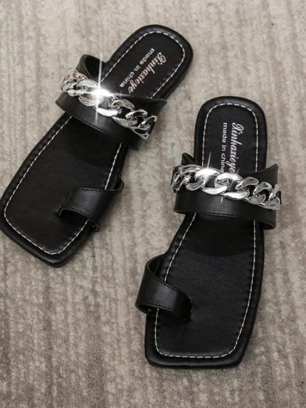 Wholesale Fashion Square Toe Chain Flat Slippers