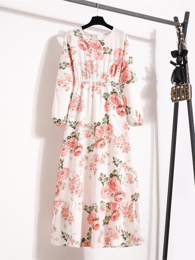 Wholesale Floral Crew Neck Puff Sleeve Dress