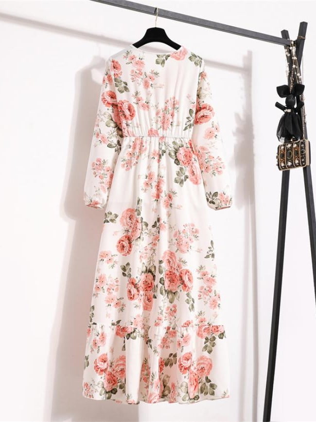 Wholesale Floral Crew Neck Puff Sleeve Dress