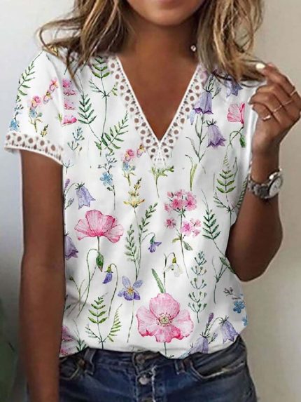 Wholesale Floral Lace Cutout Short Sleeve T-Shirt