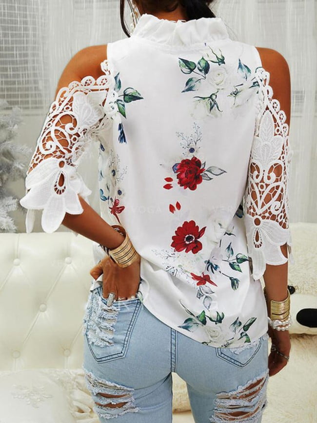 Wholesale Floral Print Lace Cold Shoulder Shirt