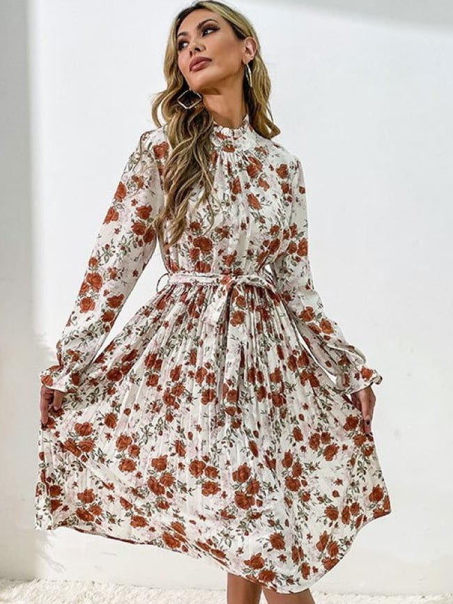 Wholesale Floral Ruffle Sleeve Pleated Dress
