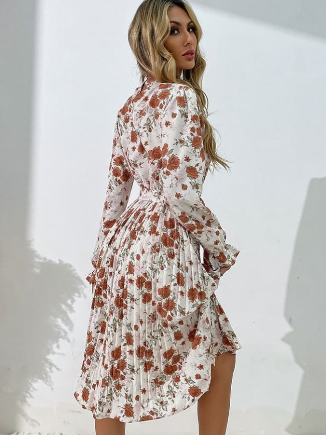 Wholesale Floral Ruffle Sleeve Pleated Dress