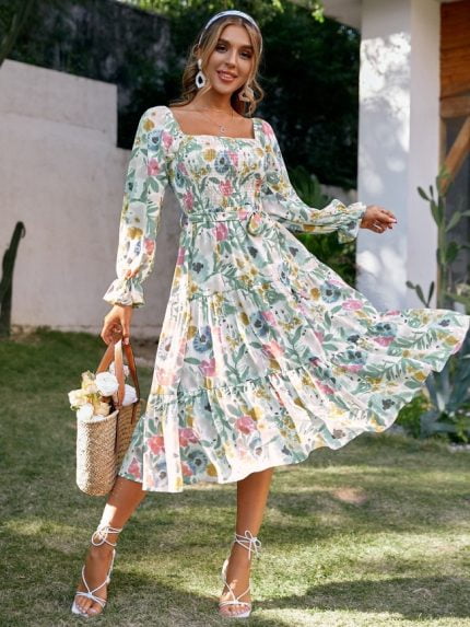 Wholesale Floral Ruffle Sleeve Square Neck Dress