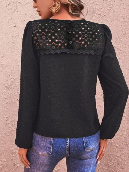 Wholesale Hollow Lace Puff Sleeve Blouse