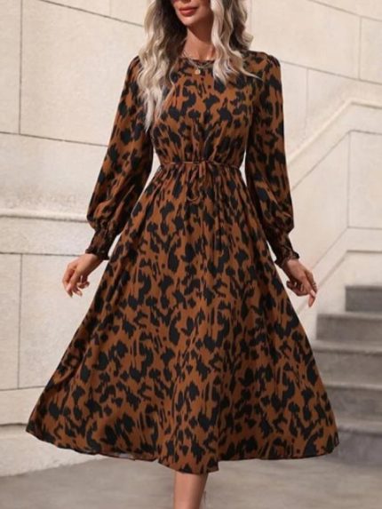 Wholesale Leopard Print Long Sleeve Lace-Up Dress