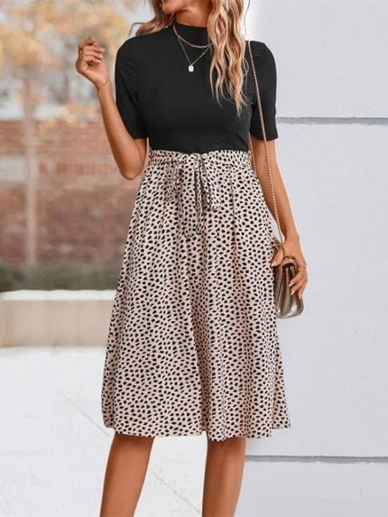 Wholesale Leopard Print Short Sleeve Panel Dress