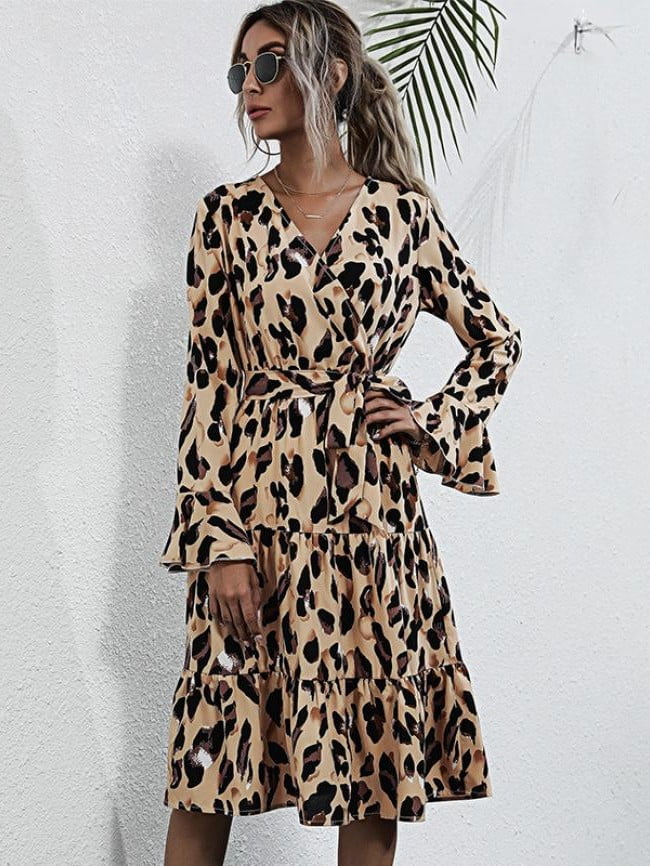 Wholesale Leopard Print V-Neck Ruffle Sleeve Dress