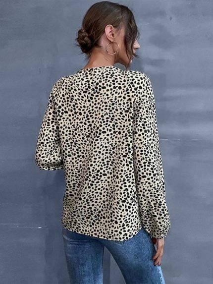 Wholesale Leopard Tie Puff Sleeve Blouse