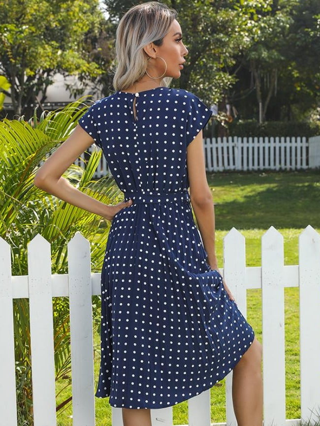 Wholesale Polka Dot Short Sleeve Pleated Dress