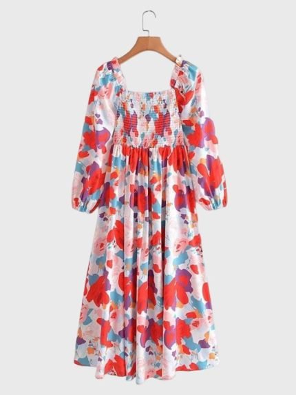 Wholesale Red Floral Printed Square Neck Dress