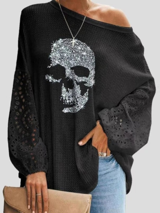 Wholesale Skull Print Lace Cutout Long Sleeve Top