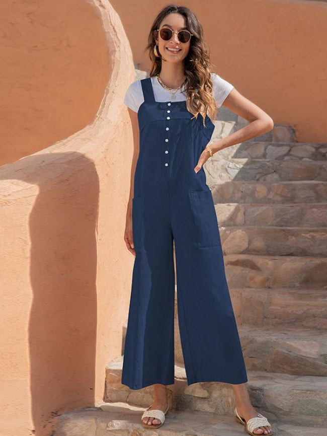 Wholesale Solid Color Button Pocket Overalls