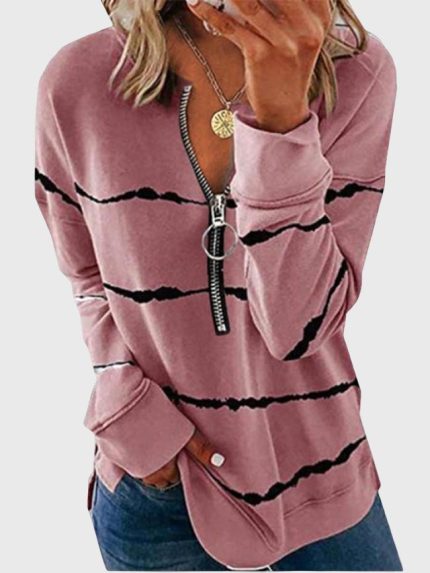 Wholesale Striped Zip Long Sleeve Casual T-Shirt