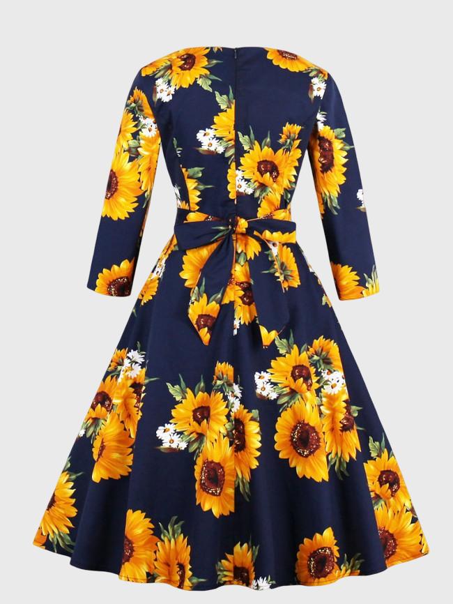 Wholesale Sunflower Print Crew Neck Dress