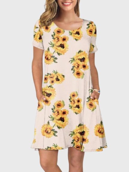 Wholesale Sunflower Print Short Sleeve Casual Dress