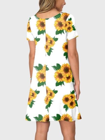 Wholesale Sunflower Print Short Sleeve Casual Dress