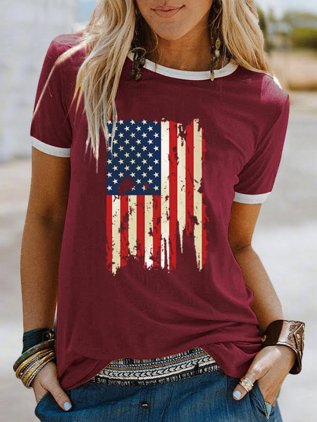 American Flag Contrast Short Sleeve T-Shirt