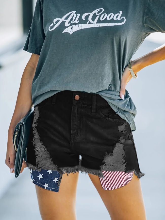 American Flag Patchwork Denim Shorts
