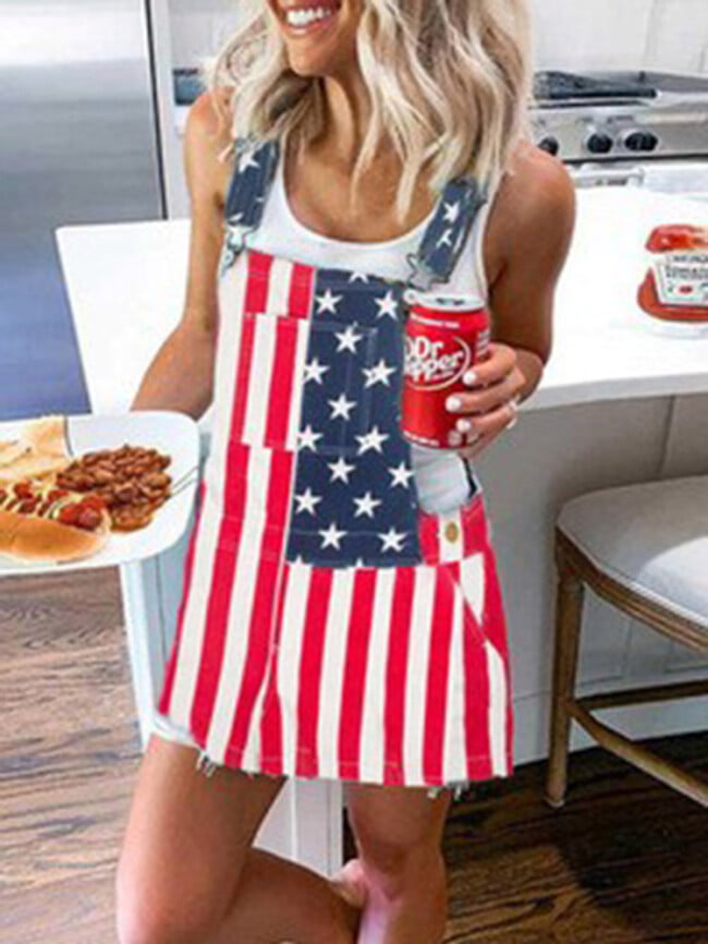 American Flag Print Denim Suspender Dress