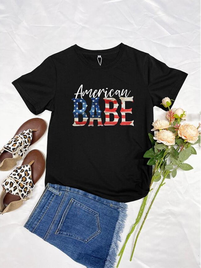 BABE Letters Flag Print Casual T-Shirt