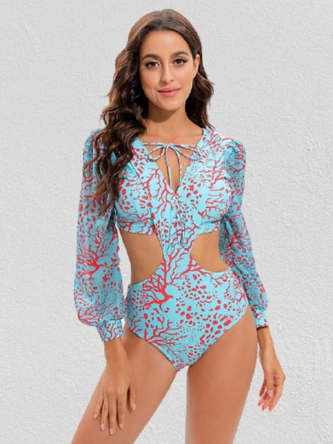 Backless lace-up print one-piece swimsuit