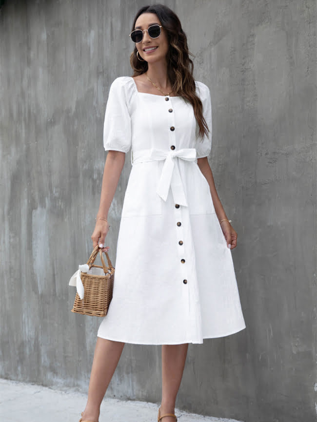 Balloon Sleeve Buttoned Casual Dress