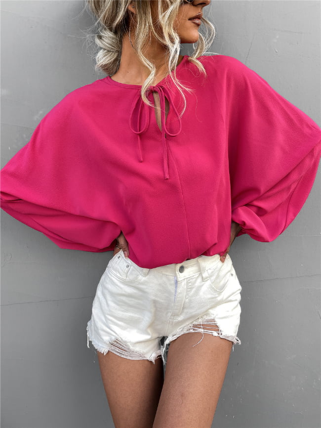 Balloon Sleeve Lace-Up V-Neck Top