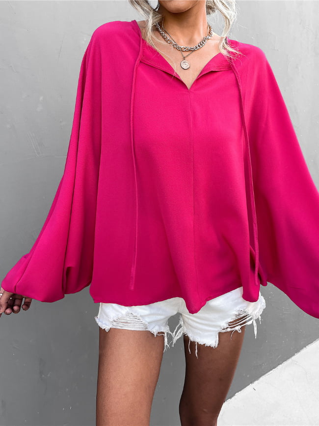 Balloon Sleeve Lace-Up V-Neck Top