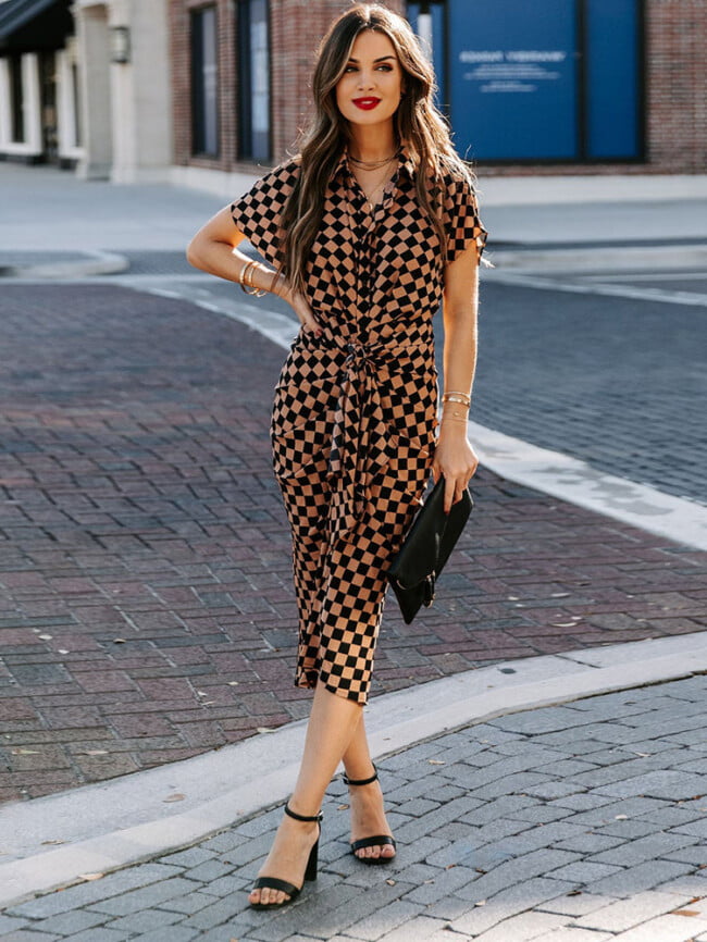 Belted Knotted Plaid Shirt Dress-Wholesale