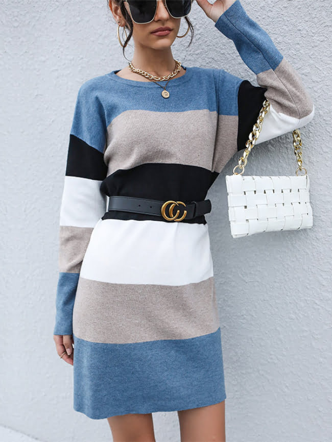 Blue pullover stitching knitted dress 1